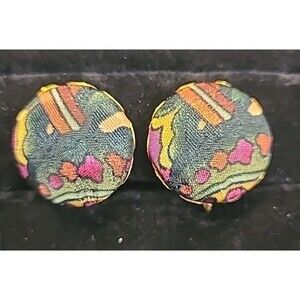 Vintage 80s Round Fabric Button Earrings Clip On Retro 1" Colorblock